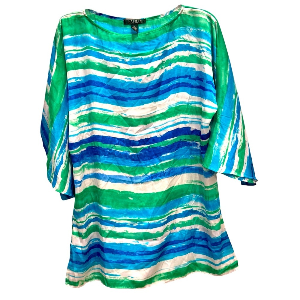 LRL Lauren Ralph Lauren Size M Watercolor Striped 3/4 Bell Sleeve Polyester Top - Picture 2 of 5